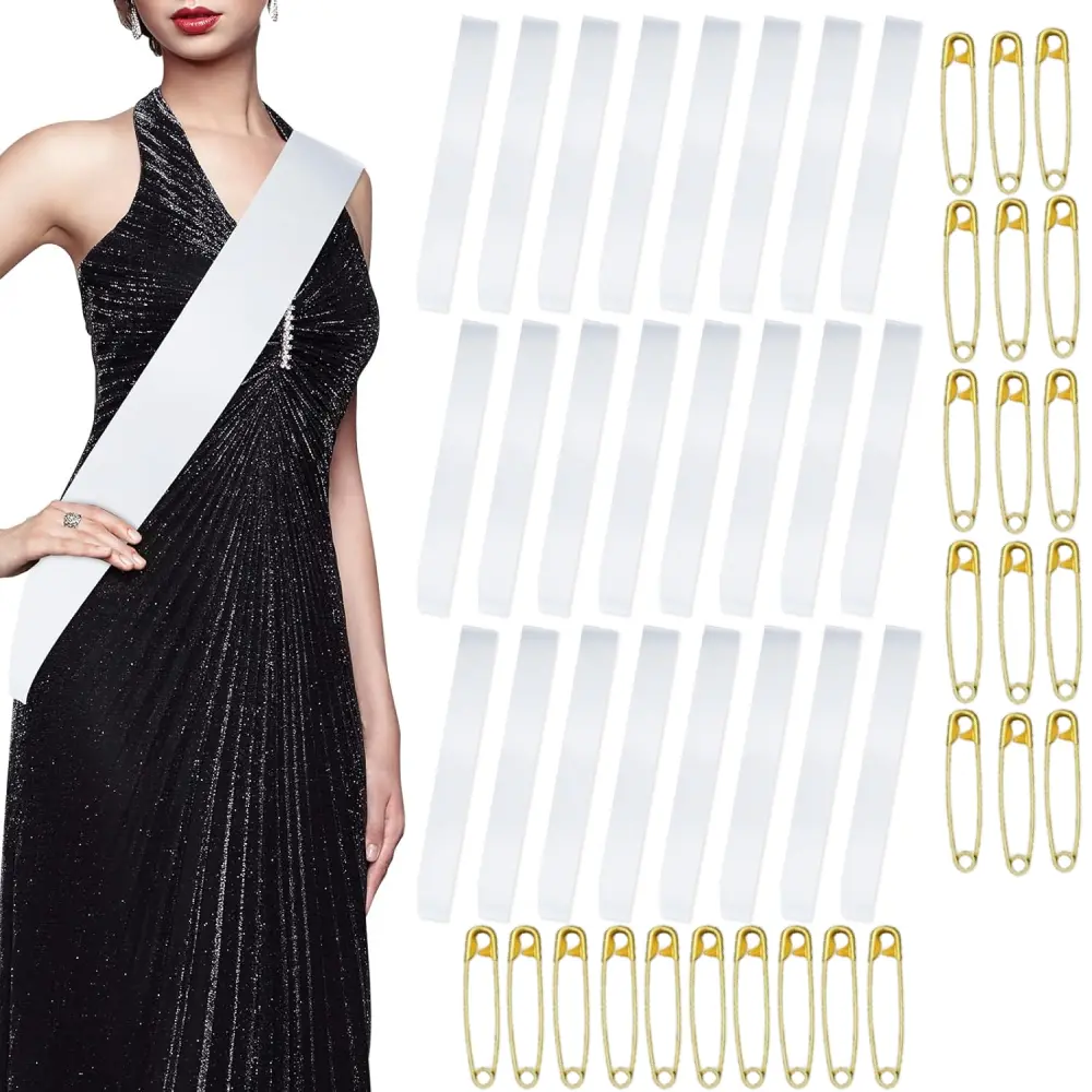 25pcs White Sashes with 25pcs Safety Pins, Blank Satin Sash for Pageants to Decorate Plain Graduation, Party, Birthday Sash for Women, Homecoming ﻿