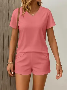 Two-piece Set Women's Solid Color V Neck Tee & Shorts, Basic Casual Short Sleeve T-shirt & Shorts for Spring & Fall, Ladies Clothes for Daily Wear, Pajama, Casual Sleepwear Set, Womenswear