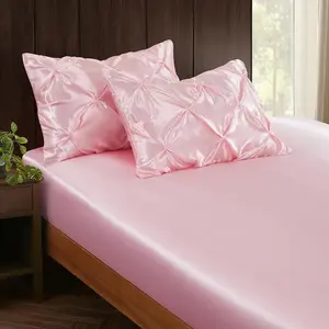 3-Piece Set Pintuck Pillowcases & Queen Fitted Sheet, Pink Sheet Soft Luxury Pleated Bedding Bedroom Dorm, 15 Inch Deep