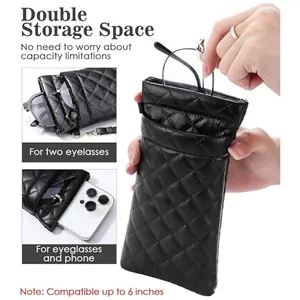 Double Eyeglass Case Glasses Case Soft with Carrying Strap Leather Eyeglasses Pouch Sunglasses Case For Women Men