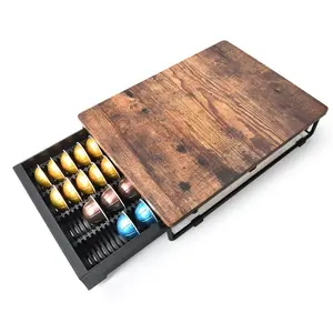 EVERIE Rustic Brown Wooden Coffee Pod Drawer Slide-Out Organizer Holder Compatible With Nespresso Vertuo Capsules 40 Large or 52 Small for Kitchen Countertop & Coffee Bar