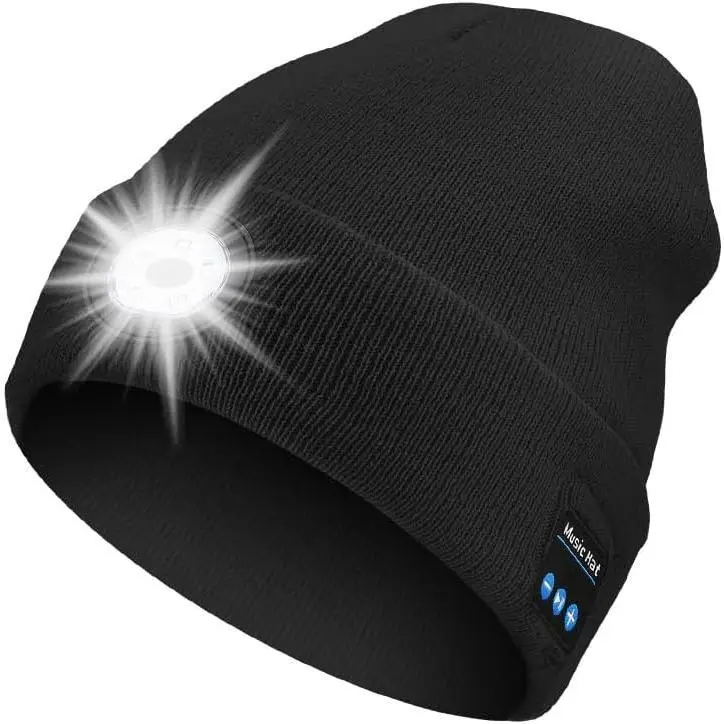 Bluetooth Beanie with LED Headlights & Removable Speakers, USB Rechargeable Knit Warm Winter Hat Balaclava Hat for Music and Calling Sport, Outdoor, Unisex Christmas New Year Gift