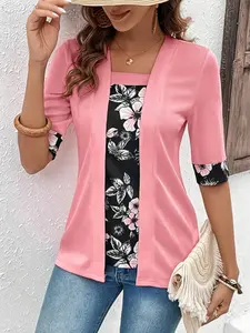 Women's Two-Piece Floral Patchwork Top, Seven-Quarter Sleeve Hidden Blue T-Shirt, Multiple Colors Available, Commuter Shirt, Blouse