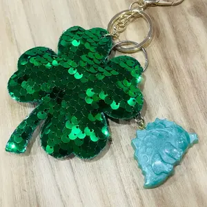 Green Dinosaur and Four leaf clover keychain