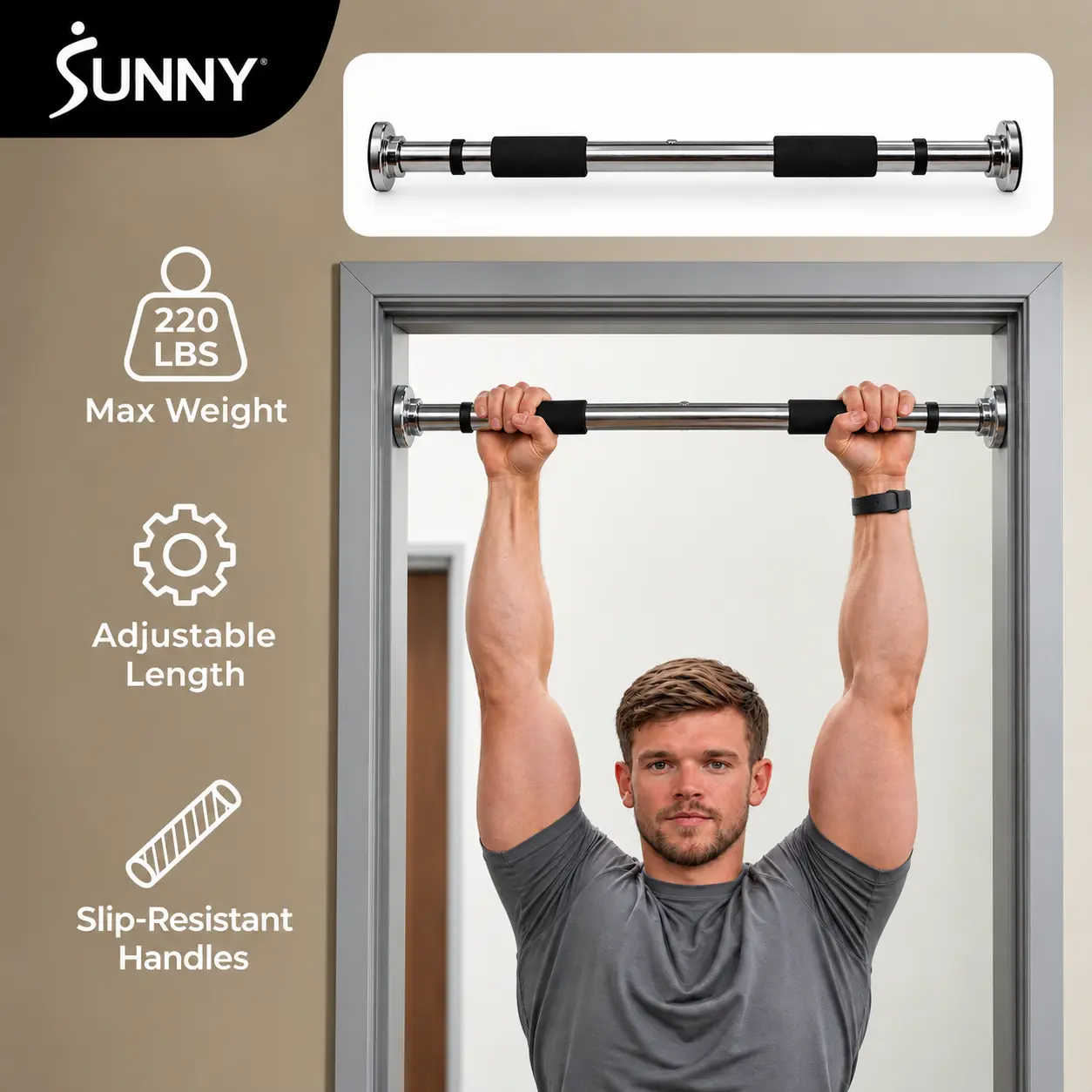 SUNNY Unisex Chrome Steel Doorway Chin-Up Bar, Adjustable 24.5"-36" Heavy-Duty Home Gym Kit, Push-Ups, Leg Lifts & Upper Body Strength Training, At Home Gym Equipment for Bodybuilding Pull-Ups SUNNY Unisex Chrome Steel Doorway Chin-Up Bar, Adjustable 24.5"-36" Heavy-Duty Home Gym Kit, Push-Ups, Leg Lifts & Upper Body Strength Training, At Home Gym Equipment for Bodybuilding Pull-Ups