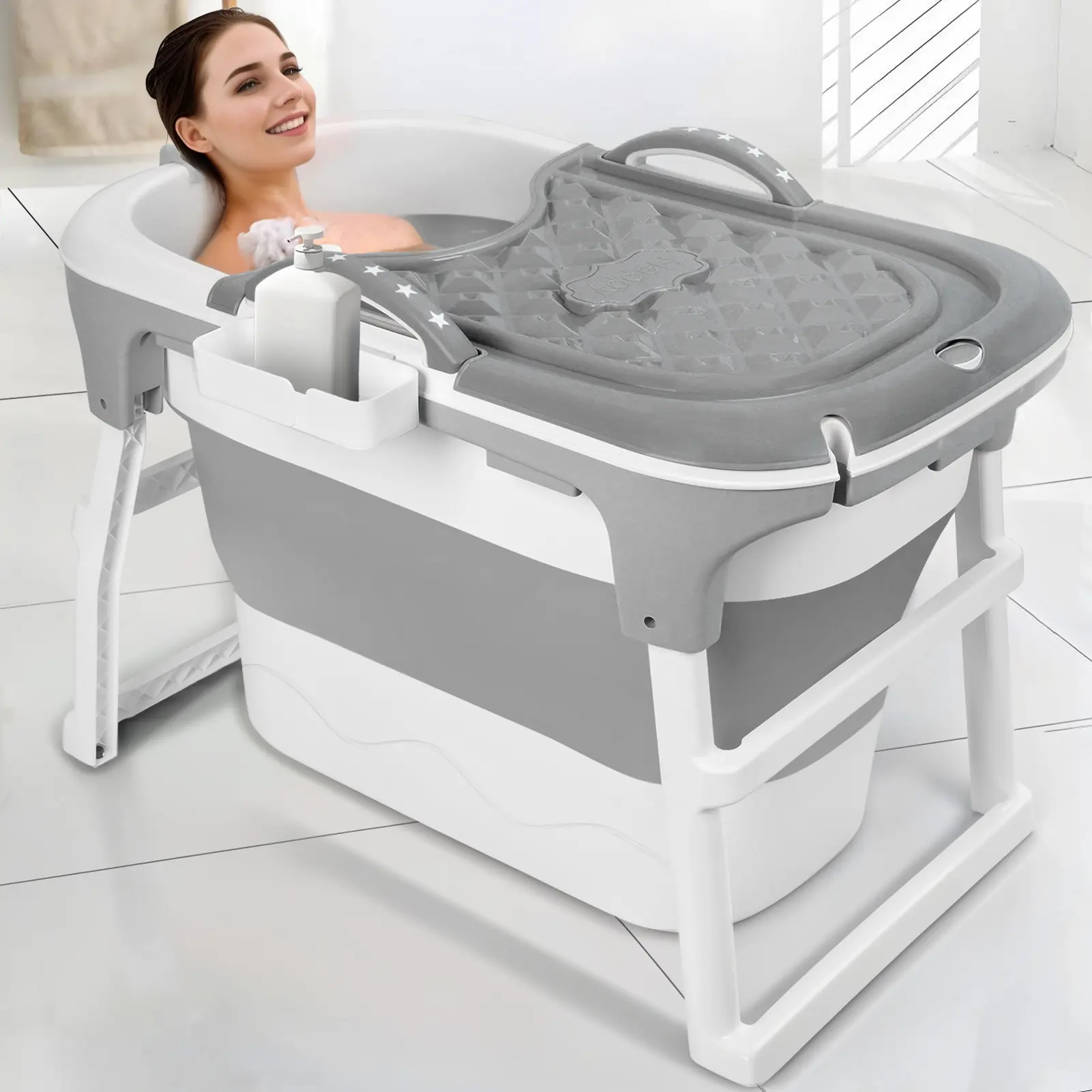 Adult Plastic Foldable Bathtub with Thermal Cover - Freestanding, Insulated Heat Retention, 40.5"x23.6"x29.5" Plastic Body, Multi-Situation Use for Travel & Camping, Portable Adult Users' Wash Tub