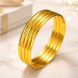 Minimalist Plain Gold Tone Stackable Bangle Set 4pcs Layered Copper Bracelets Quiet Luxury Daily Wear Jewelry Accessories for Women Valentines&birthday Boujee Gifts for gf Mother's Day gift