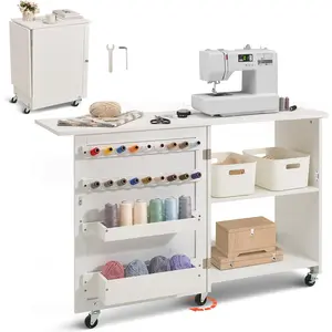 Father's Day Gift VEVOR Folding Sewing Table, Multipurpose Sewing Machine Table with Compact Design, Wheels, Shelves, Storage Trays, Wooden Pegs, and Magnetic Doors, Sewing Desk Cabinet for Sewing Machine, White