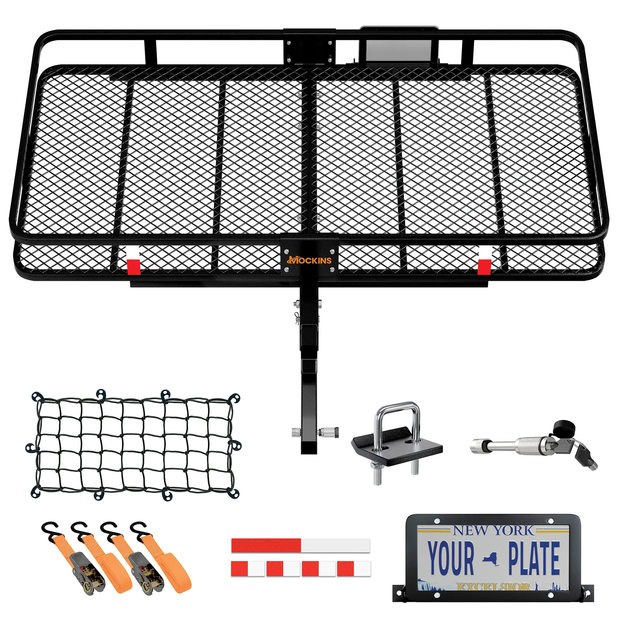 Mockins Heavy-Duty Steel XL 60"x24"x6" Trailer Hitch Cargo Carrier - Universal Metal Automotive Rear Rack Accessory with License Plate Bracket, Cargo Net, Straps, Hitch Lock, Stabilizer, Reflective Strips