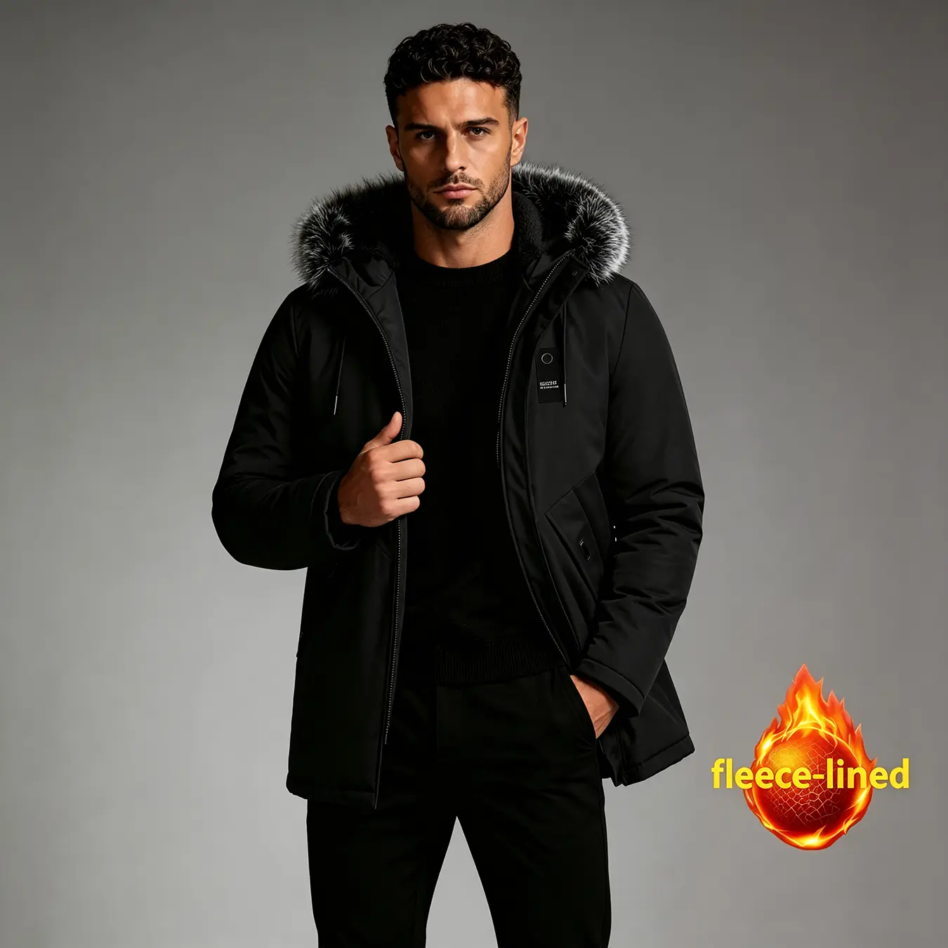 Men’s fleece-lined parka jacket, fur hooded insulated winter coat, mid-length full-zip cold-weather outerwear with multiple pockets