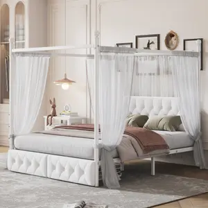 Queen Size Metal Canopy Platform Bed with Upholstered Headboard and Two Storage Drawers, White