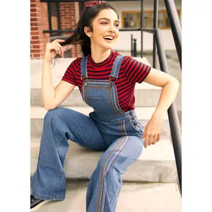 ModCloth Rainbow With Me Overalls Denim with Pockets, Embroidery (0-26W) Wide Leg Jeans