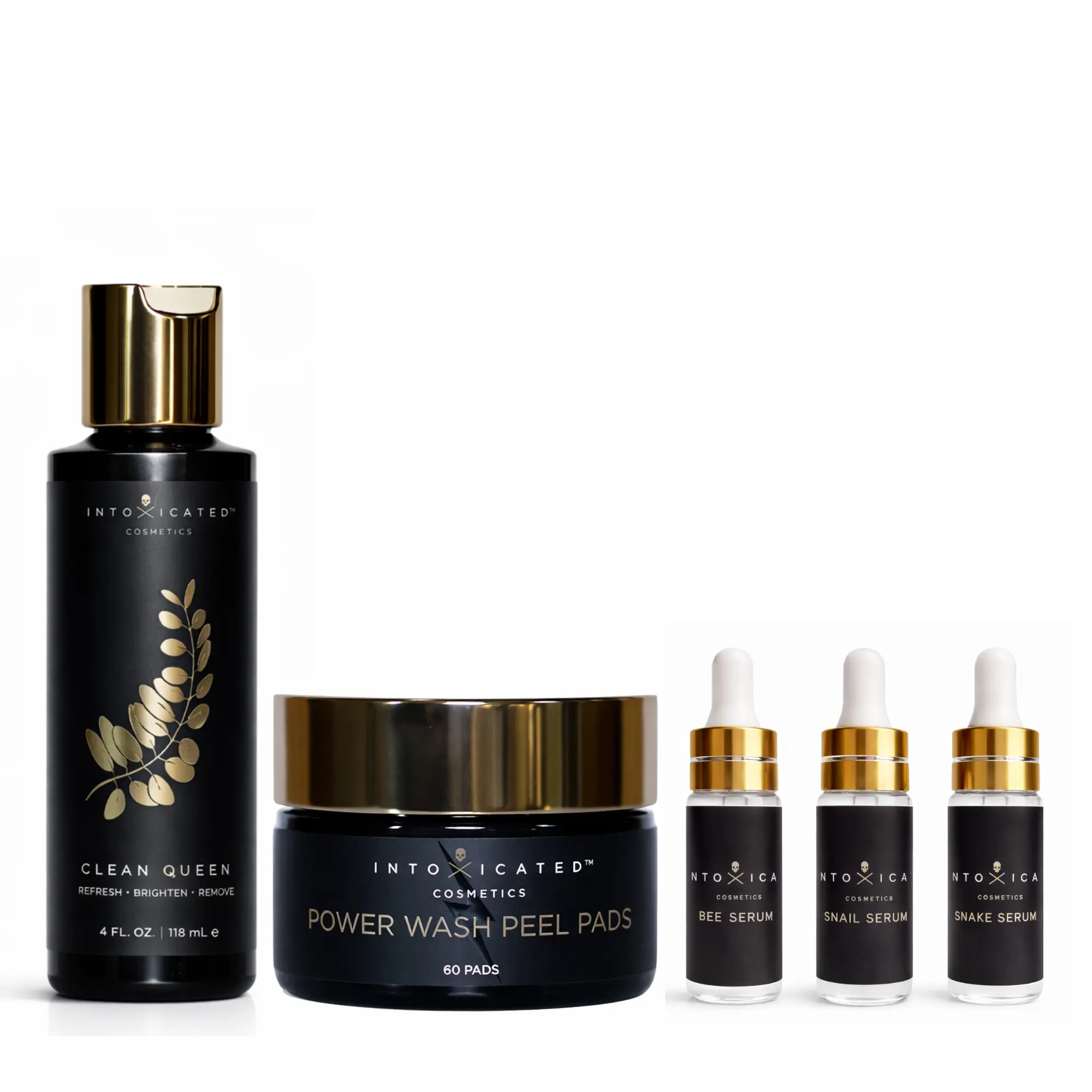 Intoxicated Cosmetics Discovery Set - Mini Serums Collection Bee Snake Snail 5mls Clean Queen Glycolic Cleanser Power Wash Peel Pads Skin Kit