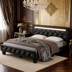 [Bellemave]Queen Size Bed Frame with LED Light and Charging Station, Faux Leather Upholstered Platform Bed with Handcrafted Crystal Button Adjustable Headboard, No Box Spring Needed, Solid Wooden Slats, Black   WL