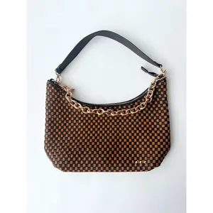 The Sienna Slouchy Woven Shoulder Bag in Checkered Coffee