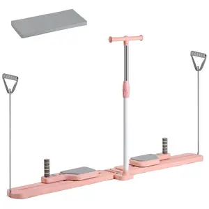 Beginner Home Sports Workout Gear, Adjustable Sliding Dual Mode Pilates Reformer Board with Latex Resistance Bands, 330LBS Foldable Indoor Fitness Platform for Single & Double Person Daily Sports Training Equipment, Pink
