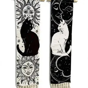 A Gothic-style tube tapestry, Wall Hanging Tapestry, with black and white contrast, occult elements, and a symmetrical design combining sun, moon, stars, and cats to form a visual echo. Suitable for living rooms, bedrooms