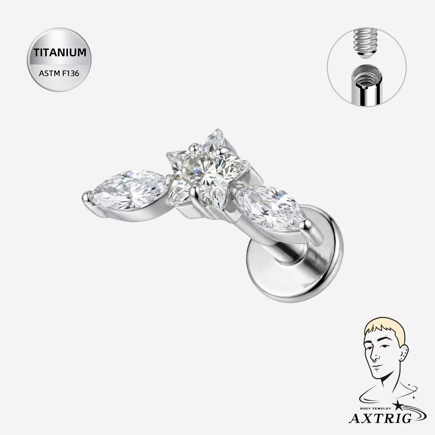 16G ASTM F136 Titanium Star CZ Internally Threaded Flat Back For Ear Piercings