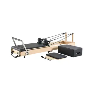 VEVOR Foldable Pilates Reformer, Wooden Pilates Workout Machine for Home Gym Studio Use, Pilates Bed with Dual Resistance- Spring Cord, Reformer Set with Sitting Box, Up to 400 LBS