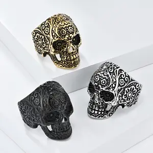 Retro Men's Skull Head Stainless Steel Ring, Hip-hop Ghost Head Titanium Steel Jewelry.