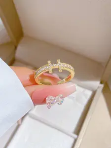 Elegant French Style Zircon H Letter Filigree Ring for Women, Unique Design High-End Luxury Open Adjustable Finger Ring
