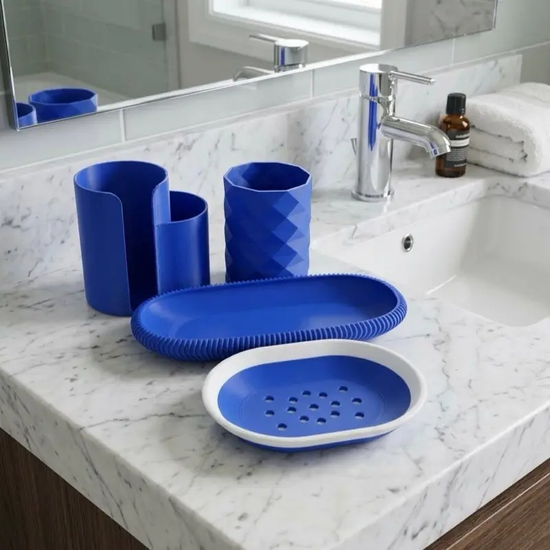 3D printed Royal Blue 4-Piece Bathroom Vanity Organizer Set, Including Toothbrush Holder and Soap Dish