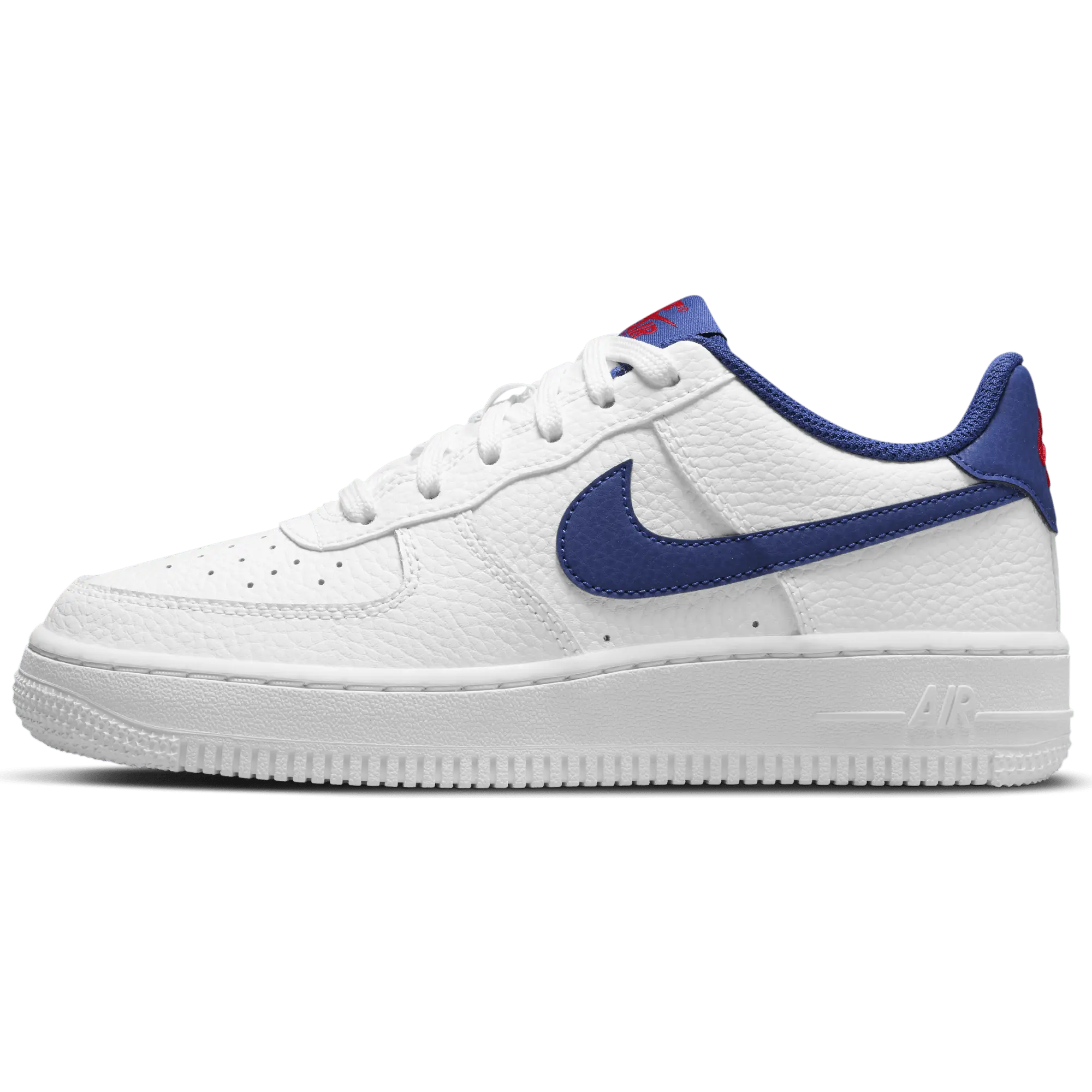 NIKE Kid's Air Force 1 Classic Leather Athletic Sneaker in White and Blue with Lightweight Air-Sole Cushioning, Branded Logo Casual Trainers, Casual Training Footwear, Trainer Sneakers, Easy To Clean, Durable Traction, Casual-Ready Everyday Wear