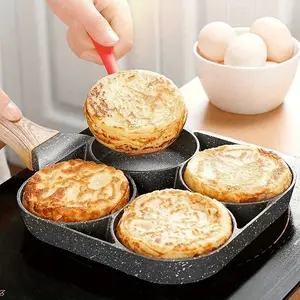 4-Cup Nonstick Pancake Pan, Multi-Section Breakfast Frying Pan with Wooden Handle for Eggs, Pancakes, Burgers, Omelets, and Mini Crepes