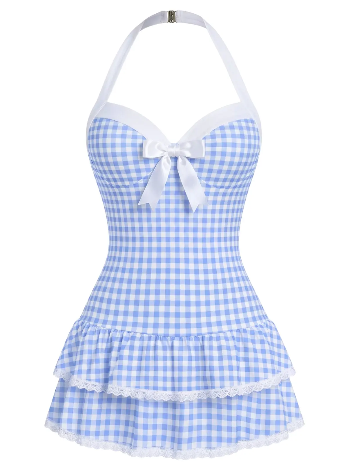 RETRO STAGE Women's 1940s Blue Gingham Halter 1-Piece Bathing Suit, Backless Swimwear with Polka Dots, Dainty Bow, Ruffled Hem & Comfortable Fit, Period Swimwear, Bathing Suits, One Piece Swimsuit BackToSchool