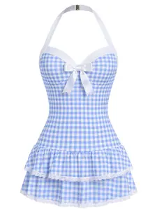 RETRO STAGE Women's 1940s Blue Gingham Halter 1-Piece Bathing Suit, Retro Swimwear with Polka Dots, Dainty Bow, Ruffled Hem, Backless Design & Comfortable Fit, Swimsuits,summervibes