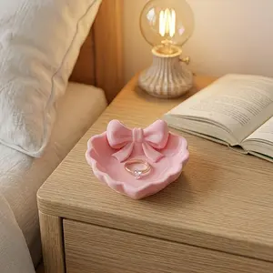 1 Heart-shaped Jewelry Tray with White and Pink Bows, Made Using 3D Printing Technology, Suitable for Placing on Dressing Tables, Sinks, and For Storing Jewelry. Dresser Organizer, Decorative Storage Organizers