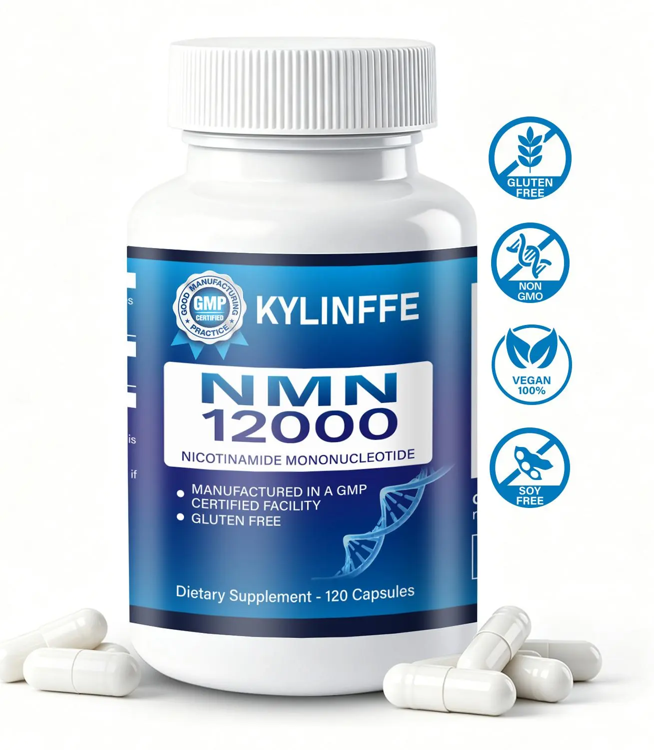 Kylinfee NMN 12000mg Nicotinamide Mononucleotide 120 Capsules NAD+ Booster Dietary Supplement Probiotics Antioxidant Cellular Energy Natural Longevity Daily Wellness Vitamin