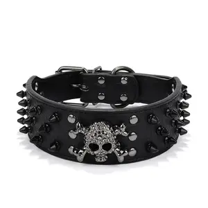 Spiked Studded Adjustable Leather Dog Collar with Punk Skull Design for Medium Large Dogs pet Supplies dog accessories