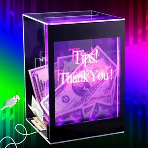 Light Up Tip Jar with Removable Writeable Blank Sign - 20 Colors Changes Acrylic Donation Ballot Raffle Money Box with Lock, Key, Remote, USB Cable, for Bartender Restaurant Band