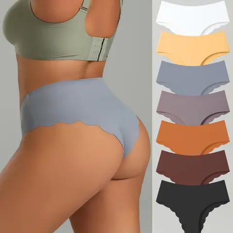 Hotcom Women's Plus Size Seamless Nylon Mid-Waist Thong Underwear for Women - Solid Color, Chic Classic Scallop Trim, Breathable Smooth Fabric, Comfortable Easy Styling Everyday Basics