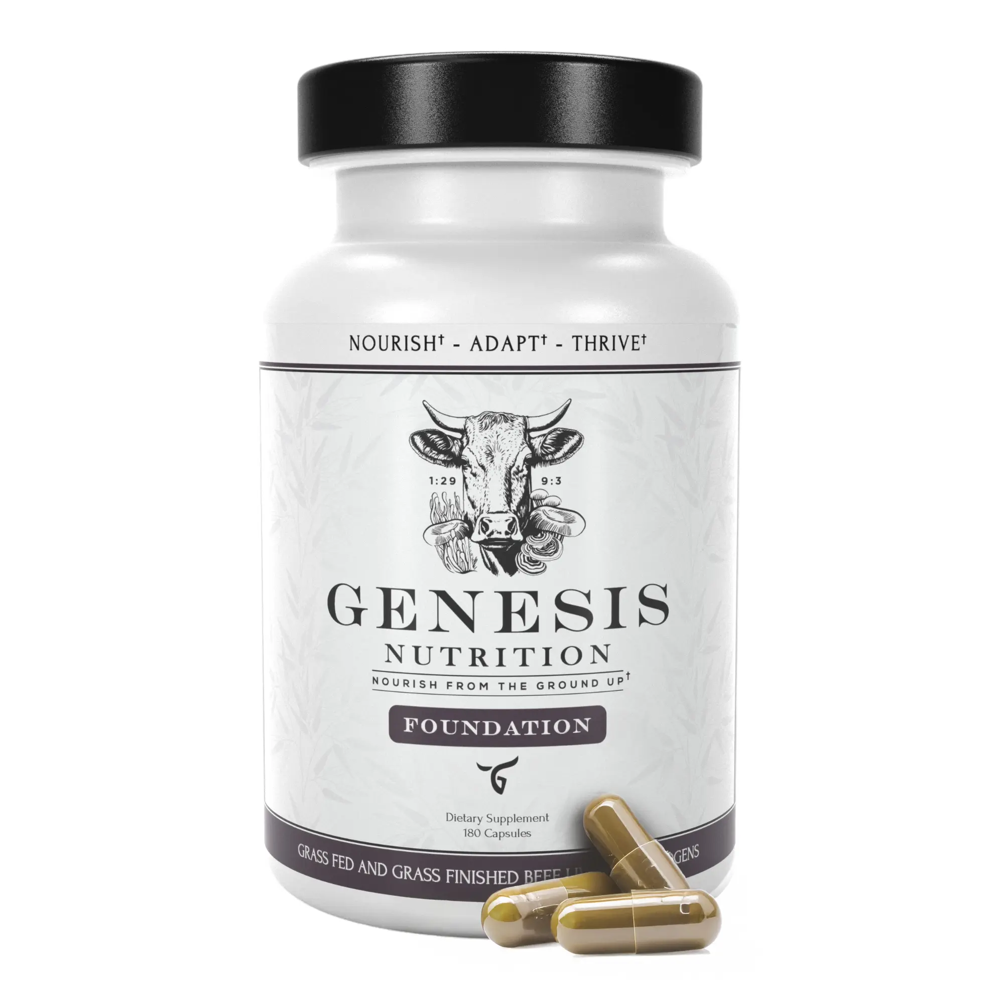 Genesis Nutrition Grass-Fed Beef Liver + Reishi, Cordyceps, Ginseng, Rhodiola - 4500mg for Immunity, Energy, Stress, Hormones, and Libido - Men and Women - Vitamins - 180 Capsules