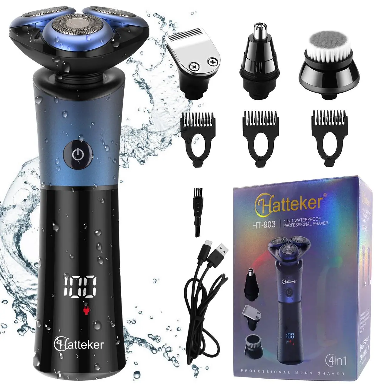 Hatteker 4-In-1 Electric Shaver with 3 Floating Blades, Ipx6 Waterproof Design, Digital Display Beard Trimmer & Nose Hair Groomer for Christmas Gifts