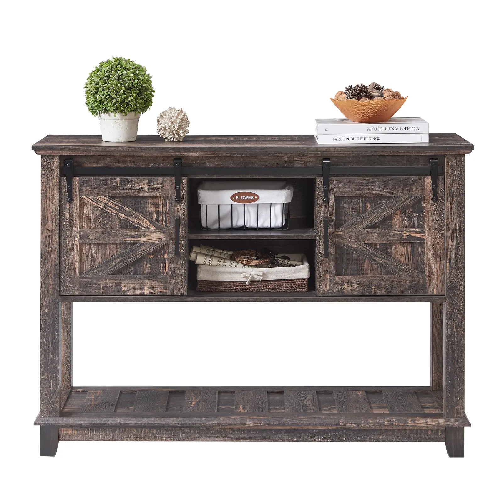 AMERLIFE Sofa Table with Sliding Barn Doors, TV Console Table, 46" Farmhouse Rustic Storage Entryway Table, Adjustable Open Shelves, Hallway