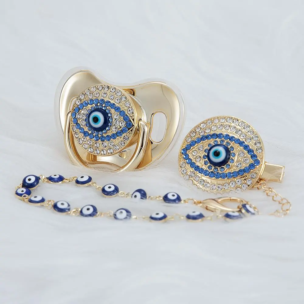 MIYOCAR Custom Evil Eye Baby Pacifier Set – Bling Pacifier + Clip + Beaded Chain | Protection Charm Gift for Baby, Keepsake, Baby Shower