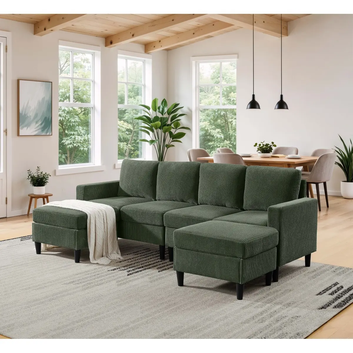 Corduroy Upholstered Classic Simple Modular Sectional Sofa with 2 Moveable Ottomans, Tall Legs, Tool-Free Setup, Custom Configuration, Durable Build, 101.00 in. x 53.00 in. x 34.50 in., 158 lbs