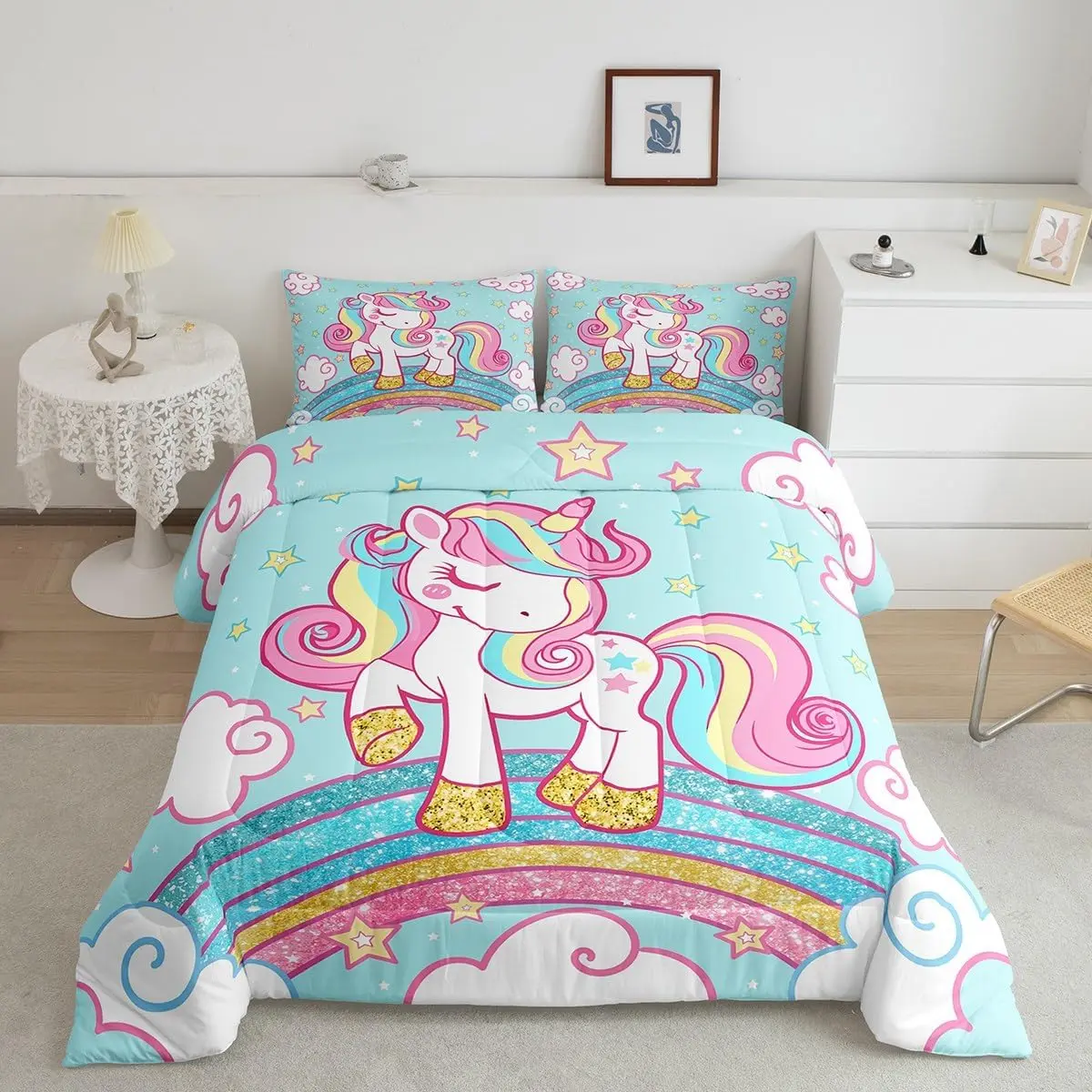 Unicorn Bedding,Star Print Rainbow Comforter Sets Comforter Set,Cute Unicorn Duvet Quilt,Cute Animal Bedding Rainbow Bedroom Decor,Blue