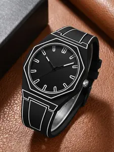 Minimalist Quartz Watch Octagonal Case Line Color Student Couple Daily Versatile Modern Fashionable Wristwatch, Silicone Watch