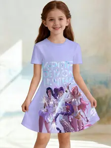 Girls' 3D Short Sleeve Dress, Light K-Pop Demon Hunters Full Print, Perfect for Parties, Festive Gifts, Birthday Presents