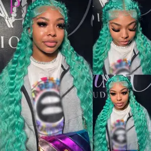Teal Lace Front Wigs Human Hair Deep Wave Lace Closure Frontal Wig Deep Curly Mint Green Colored Human Hair Wigs Changeable Mannequin Head