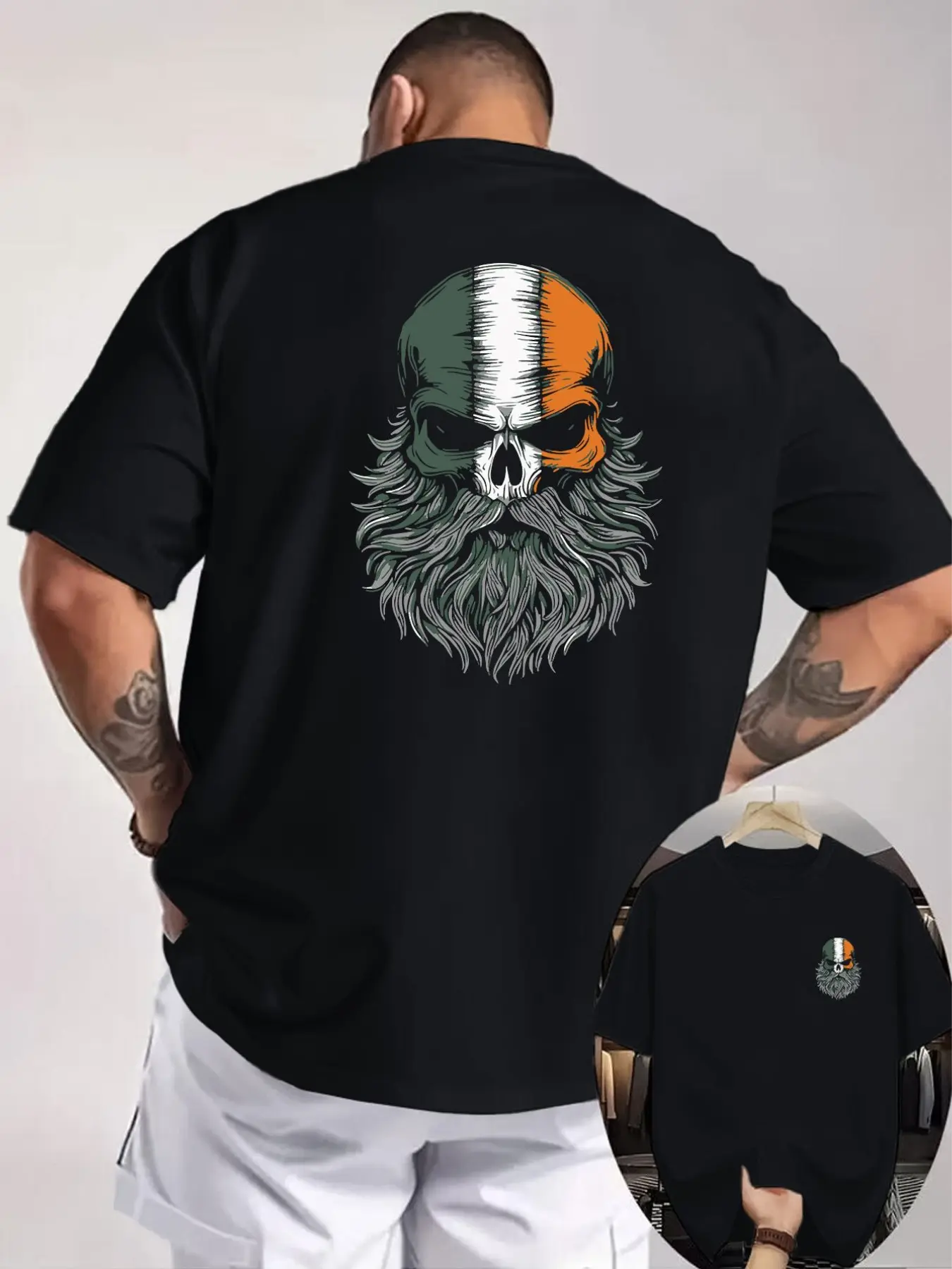 Irish Flag Skull Print Men's T-Shirt, Celtic Cultural Elements, Casual Streetwear Fitted Long Top, All Seasons, Letter Pattern, No Button or Zipper