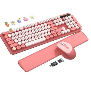 Wireless Keyboard and Mouse - Cute Round Keycaps, Detachable Wrist Rest, Full-Size Retro Typewriter Keyboard with Tilt Legs, 2.4G Wireless Combo for Women, PC, Laptop, Windows