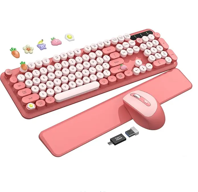 Wireless Keyboard and Mouse - Cute Round Keycaps, Detachable Wrist Rest, Full-Size Retro Typewriter Keyboard with Tilt Legs, 2.4G Wireless Combo for Women, PC, Laptop, Windows