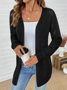Women's Long Knit Cardigan, Long Sleeves, Comfortable Hollow Aesthetic Design, Fitted, Perfect for Daily Wear and Layering, Spring & Fall Fashion, Versatile Outerwear