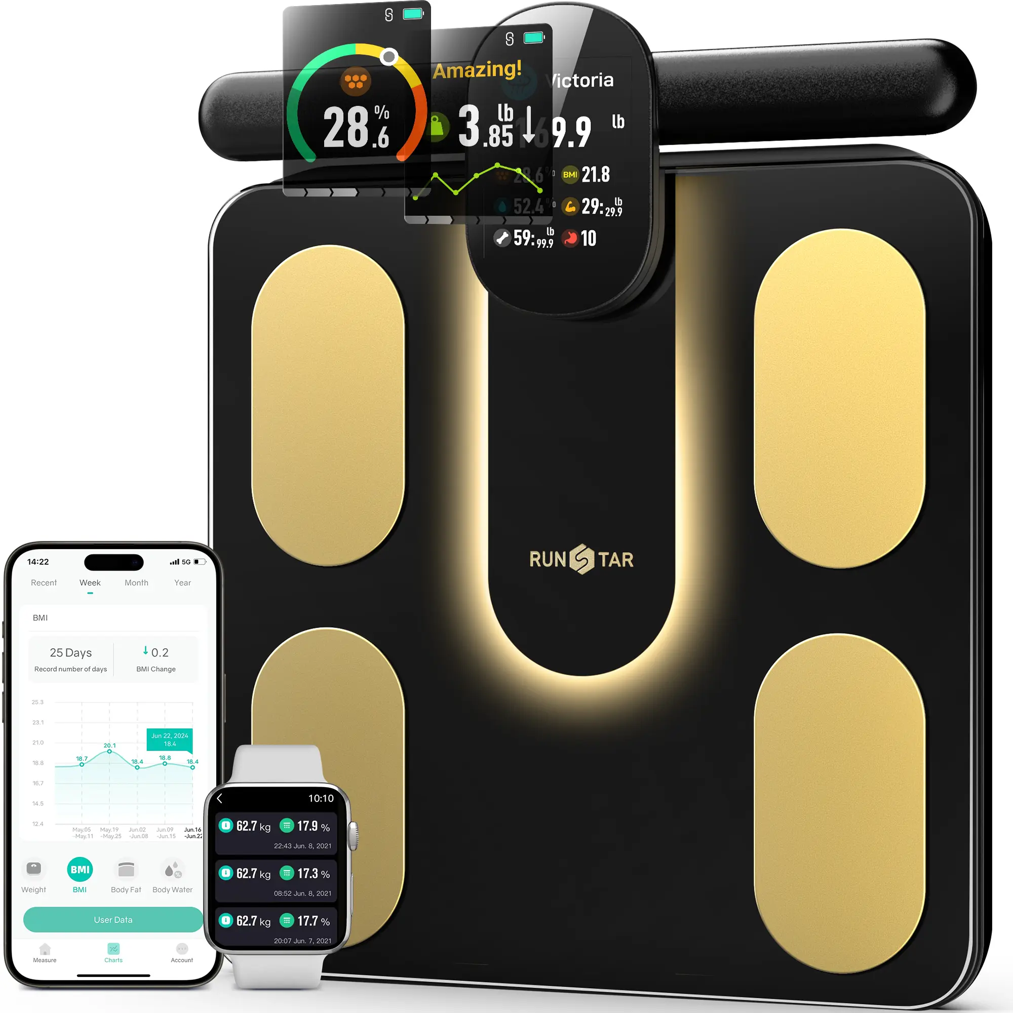 RunStar Smart 8E Full Body Scale with Colorful Display on Retractable Handle, 8 Electrodes Digital Bathroom Scale for 28 Body Composition Measurement, Body Weight and Fat, BMI, Muscle Mass