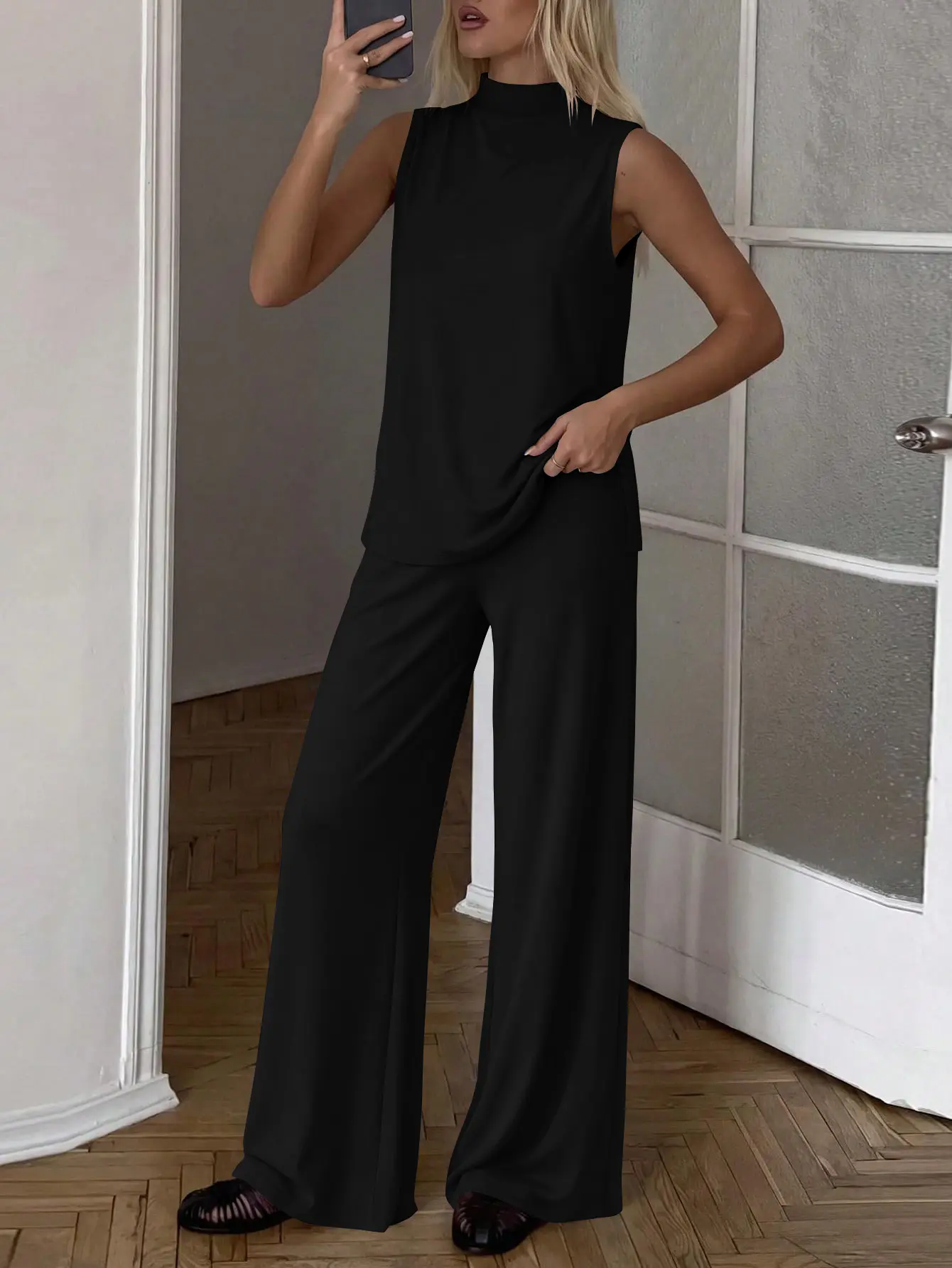 USBOUTIQUECHIC Women's 2-Piece Chic Summer Lounge Set, Sleeveless Mock Neck Top & Wide Leg Pants, Womenswear Clothes for Airport Travel, Beach Vacation